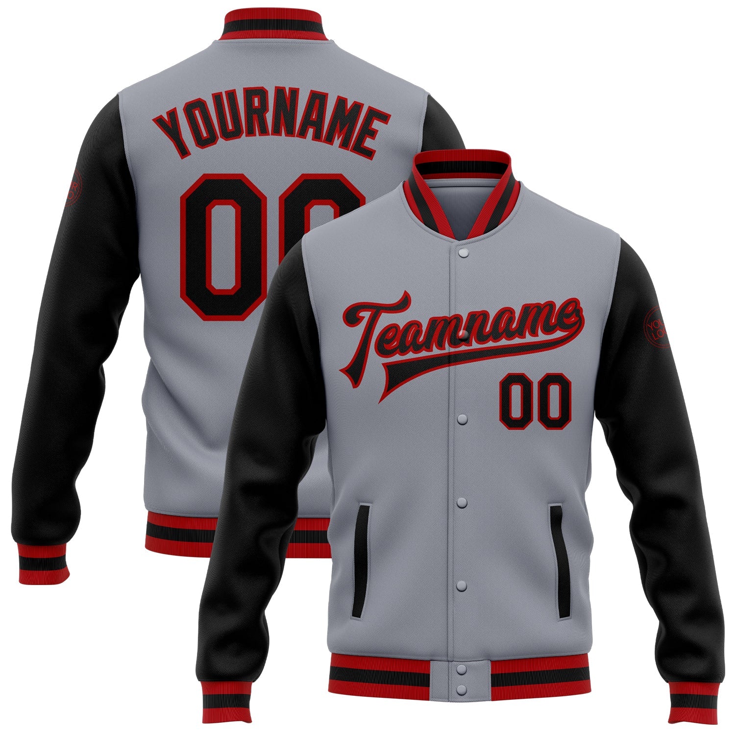 Custom Gray Black-Red Bomber Full-Snap Varsity Letterman Two Tone Jacket