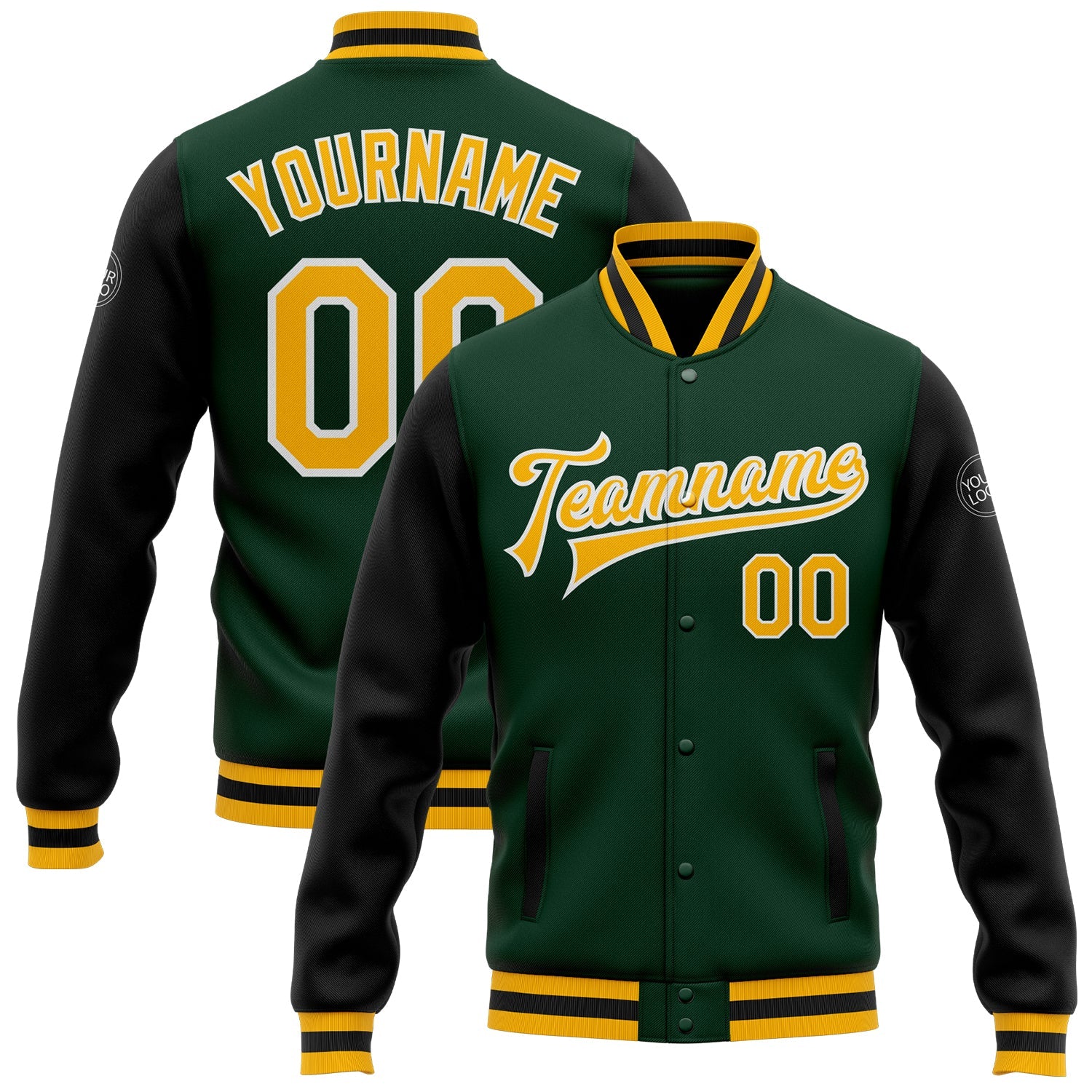 Custom Green Gold-Black Bomber Full-Snap Varsity Letterman Two Tone Jacket