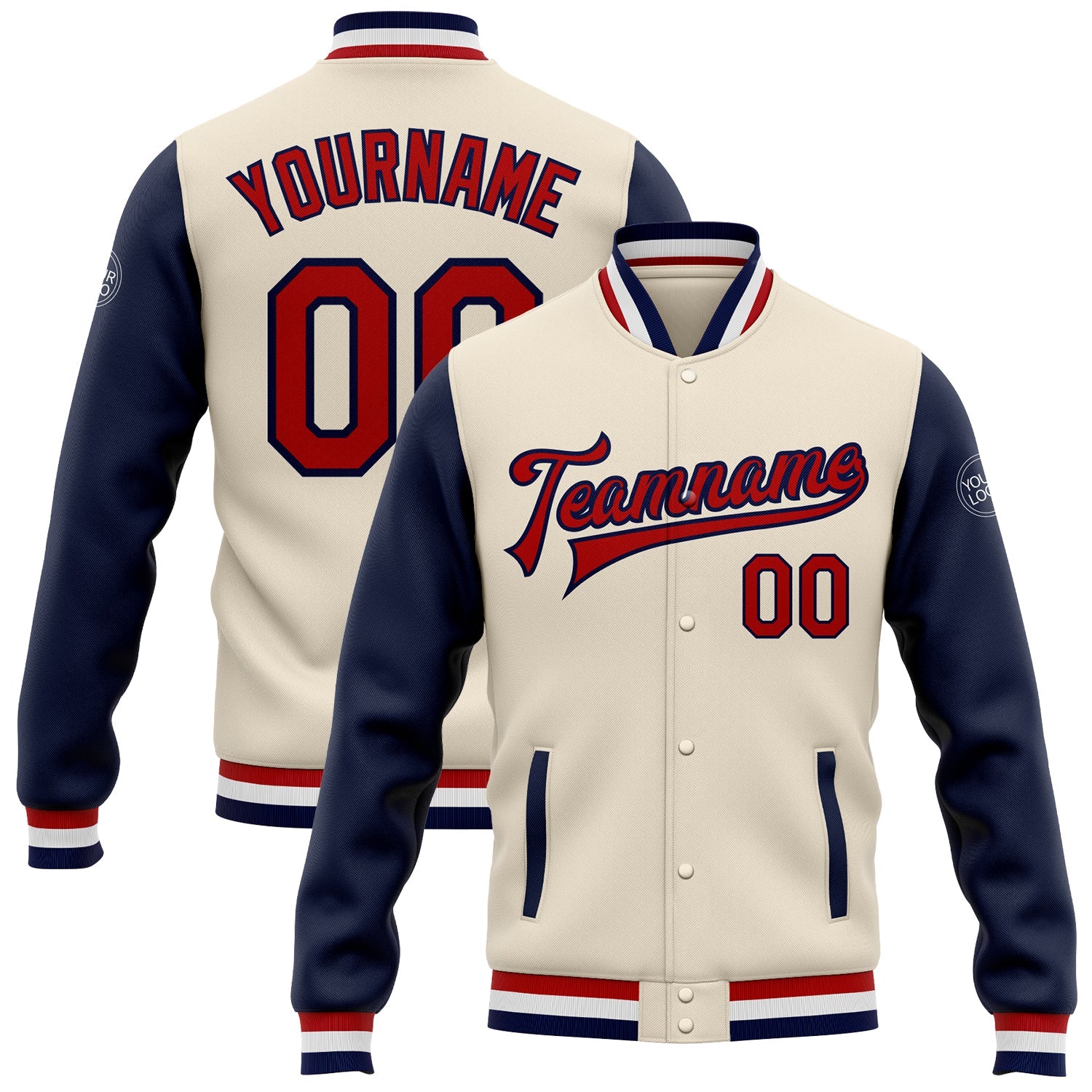 Custom Cream Red-Navy Bomber Full-Snap Varsity Letterman Two Tone Jacket