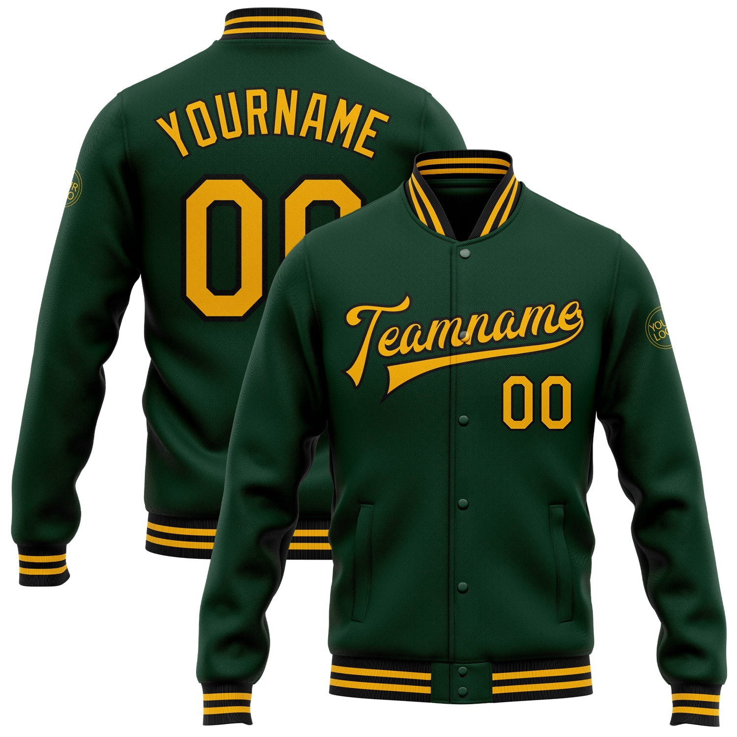 Custom Green Gold-Black Bomber Full-Snap Varsity Letterman Jacket