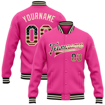 Custom Pink Vintage USA Flag Cream-Black Bomber Full-Snap Varsity Letterman Jacket