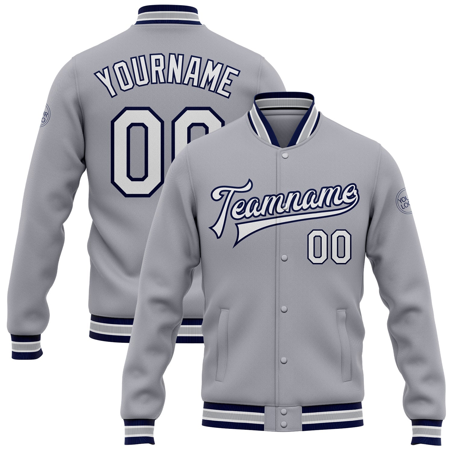 Custom Gray White-Navy Bomber Full-Snap Varsity Letterman Jacket