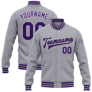 Custom Gray Purple-Black Bomber Full-Snap Varsity Letterman Jacket