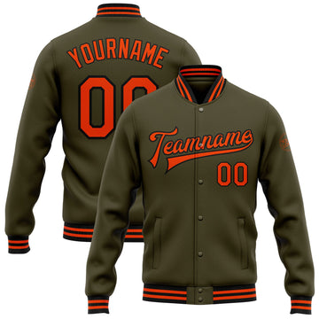 Custom Olive Orange-Black Bomber Full-Snap Varsity Letterman Salute To Service Jacket