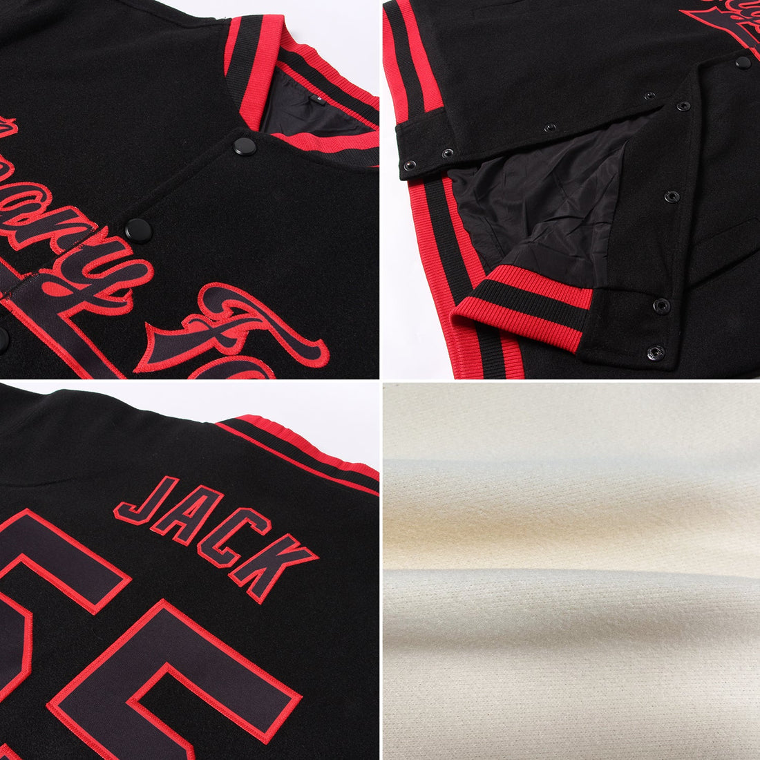 Custom Cream Black-Red Bomber Full-Snap Varsity Letterman Jacket