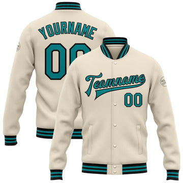 Custom Cream Teal-Black Bomber Full-Snap Varsity Letterman Jacket