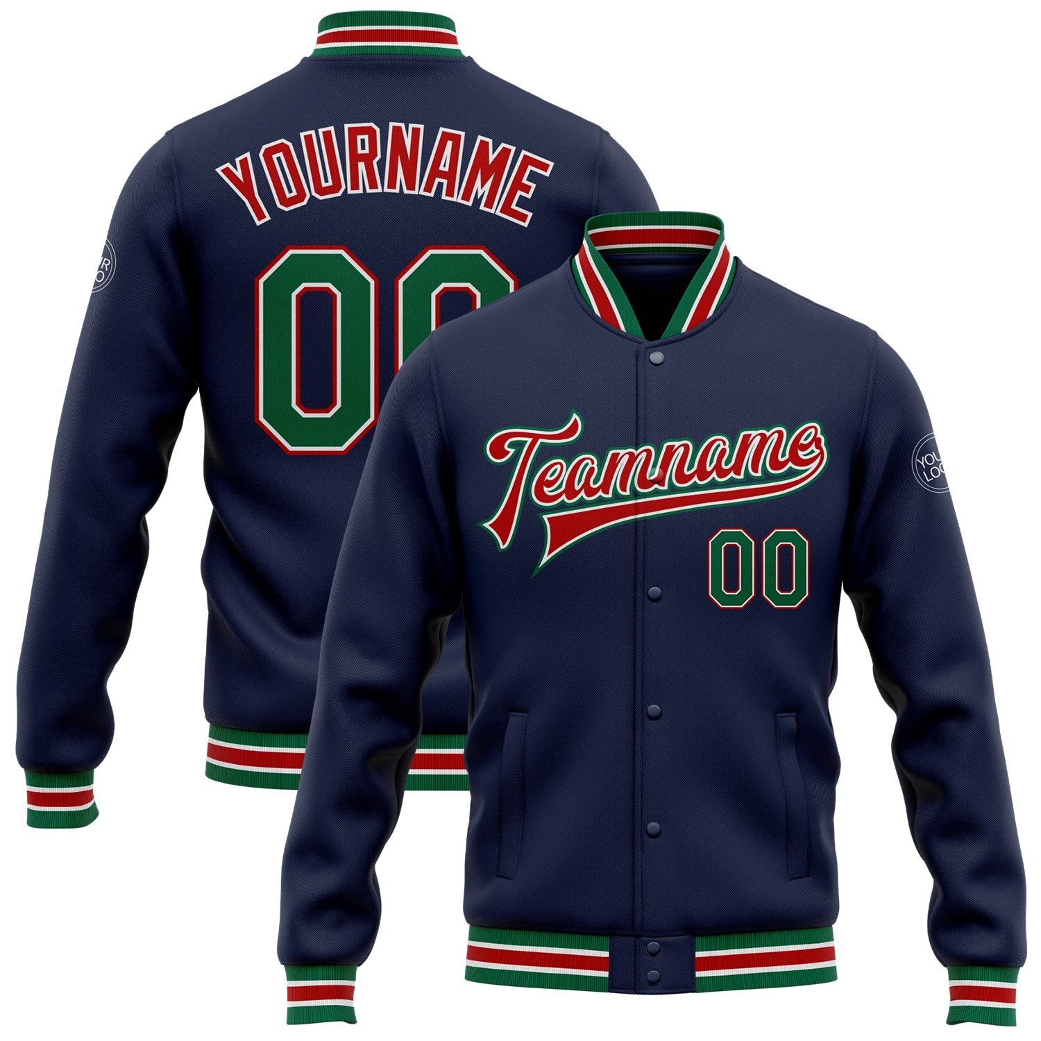 Custom Navy Kelly Green-Red Bomber Full-Snap Varsity Letterman Jacket