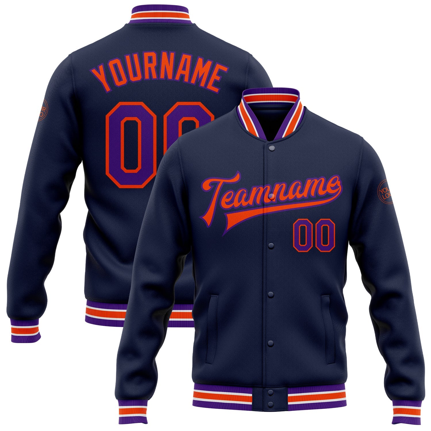 Custom Navy Purple-Orange Bomber Full-Snap Varsity Letterman Jacket