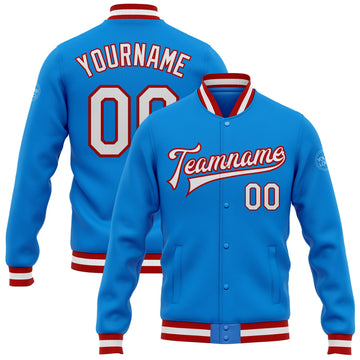 Custom Electric Blue White-Red Bomber Full-Snap Varsity Letterman Jacket