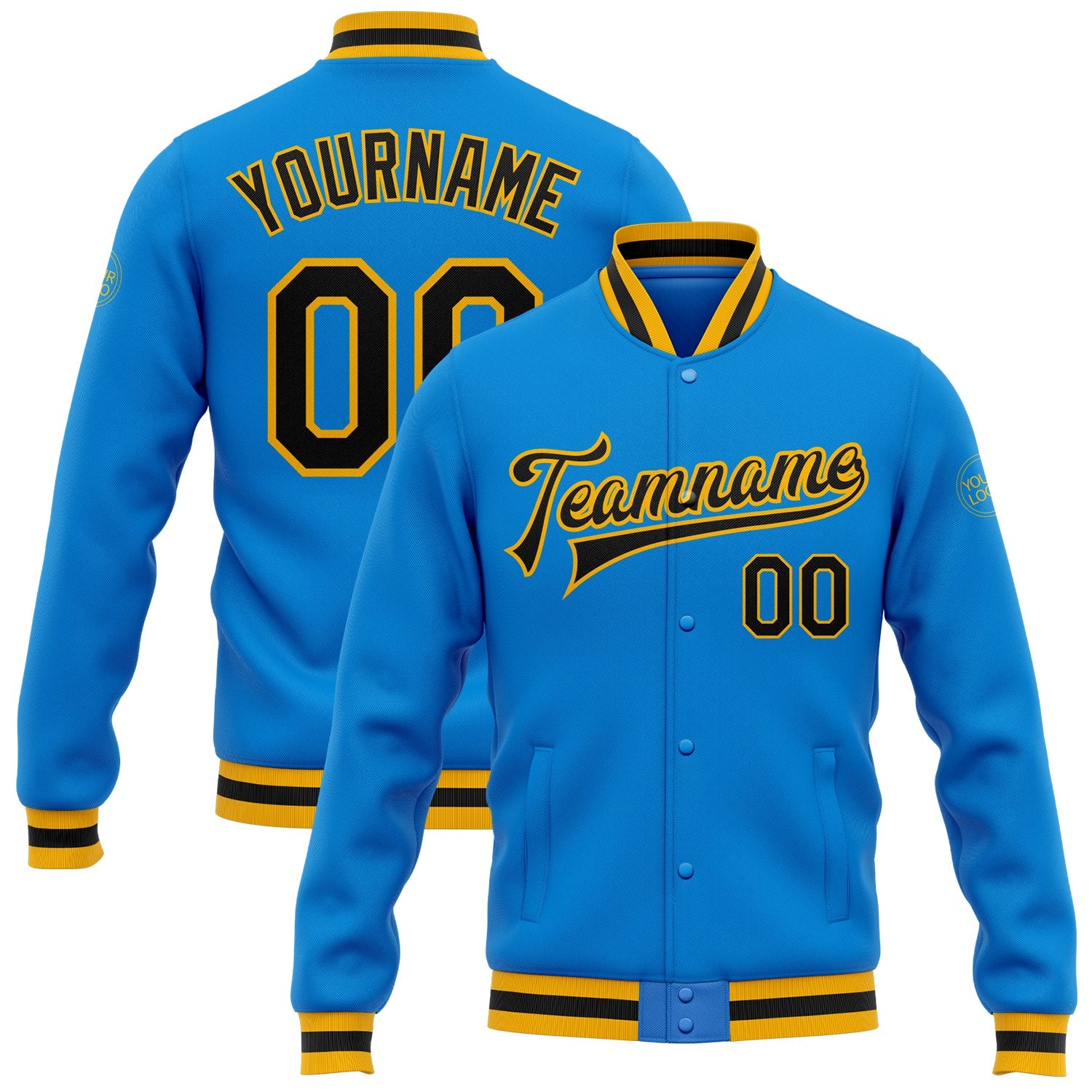 Custom Electric Blue Black-Gold Bomber Full-Snap Varsity Letterman Jacket