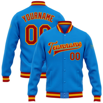 Custom Electric Blue Red-Gold Bomber Full-Snap Varsity Letterman Jacket