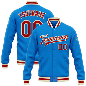 Custom Electric Blue Red-Cream Bomber Full-Snap Varsity Letterman Jacket