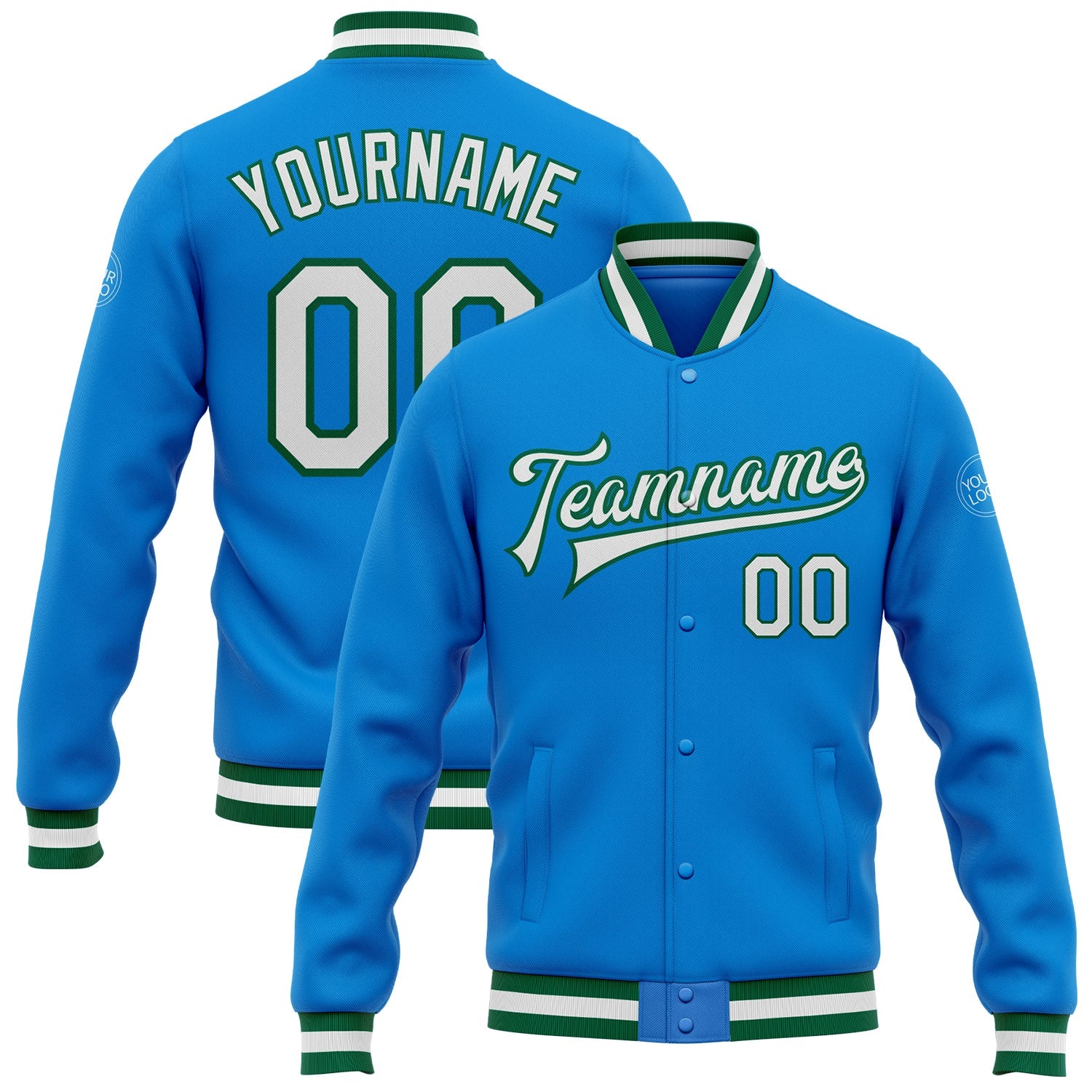 Custom Electric Blue White-Kelly Green Bomber Full-Snap Varsity Letterman Jacket