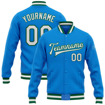 Custom Electric Blue White-Kelly Green Bomber Full-Snap Varsity Letterman Jacket