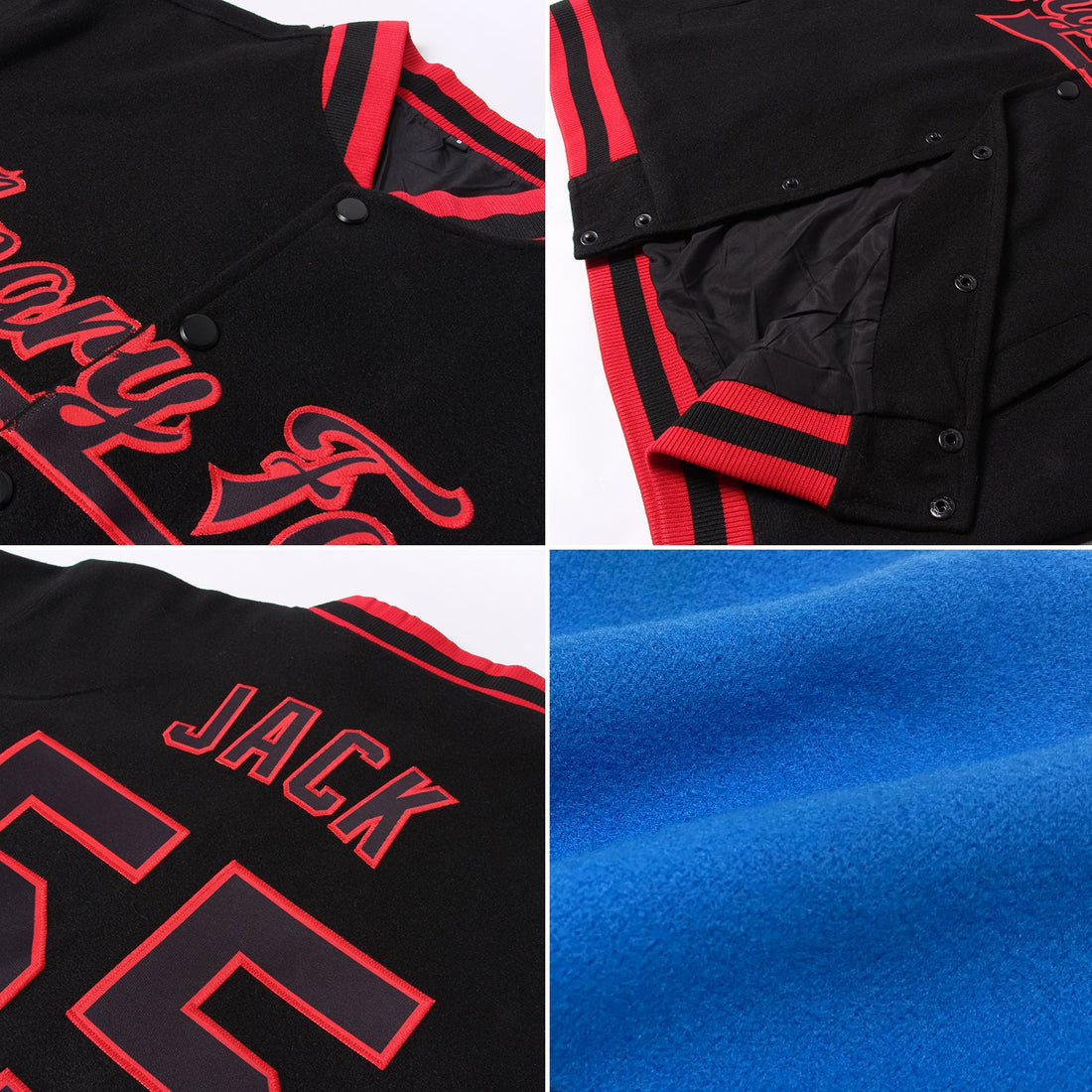 Custom Electric Blue Black-Red Bomber Full-Snap Varsity Letterman Jacket