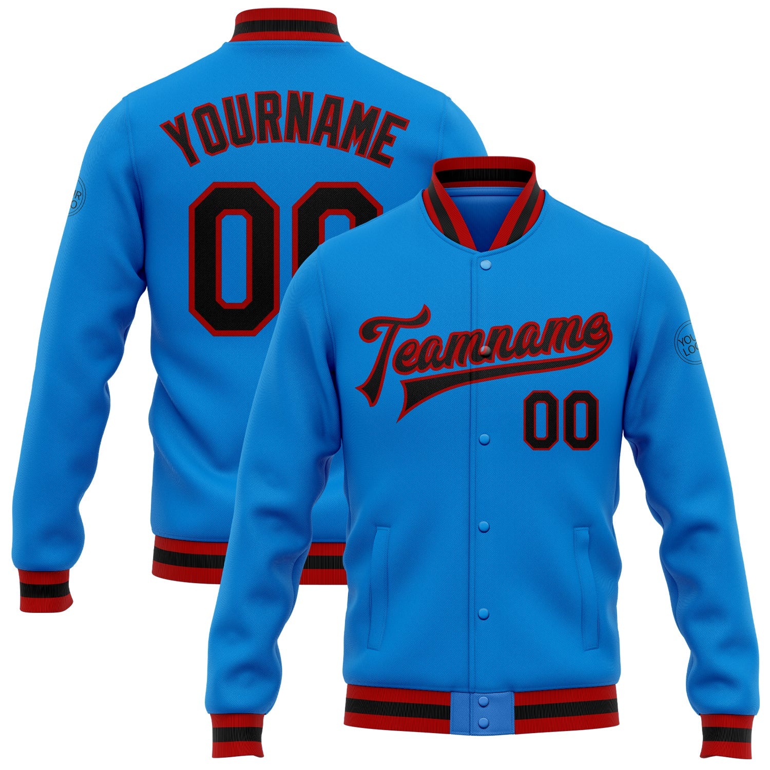 Custom Electric Blue Black-Red Bomber Full-Snap Varsity Letterman Jacket