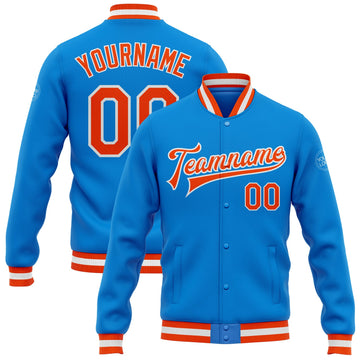 Custom Electric Blue Orange-White Bomber Full-Snap Varsity Letterman Jacket