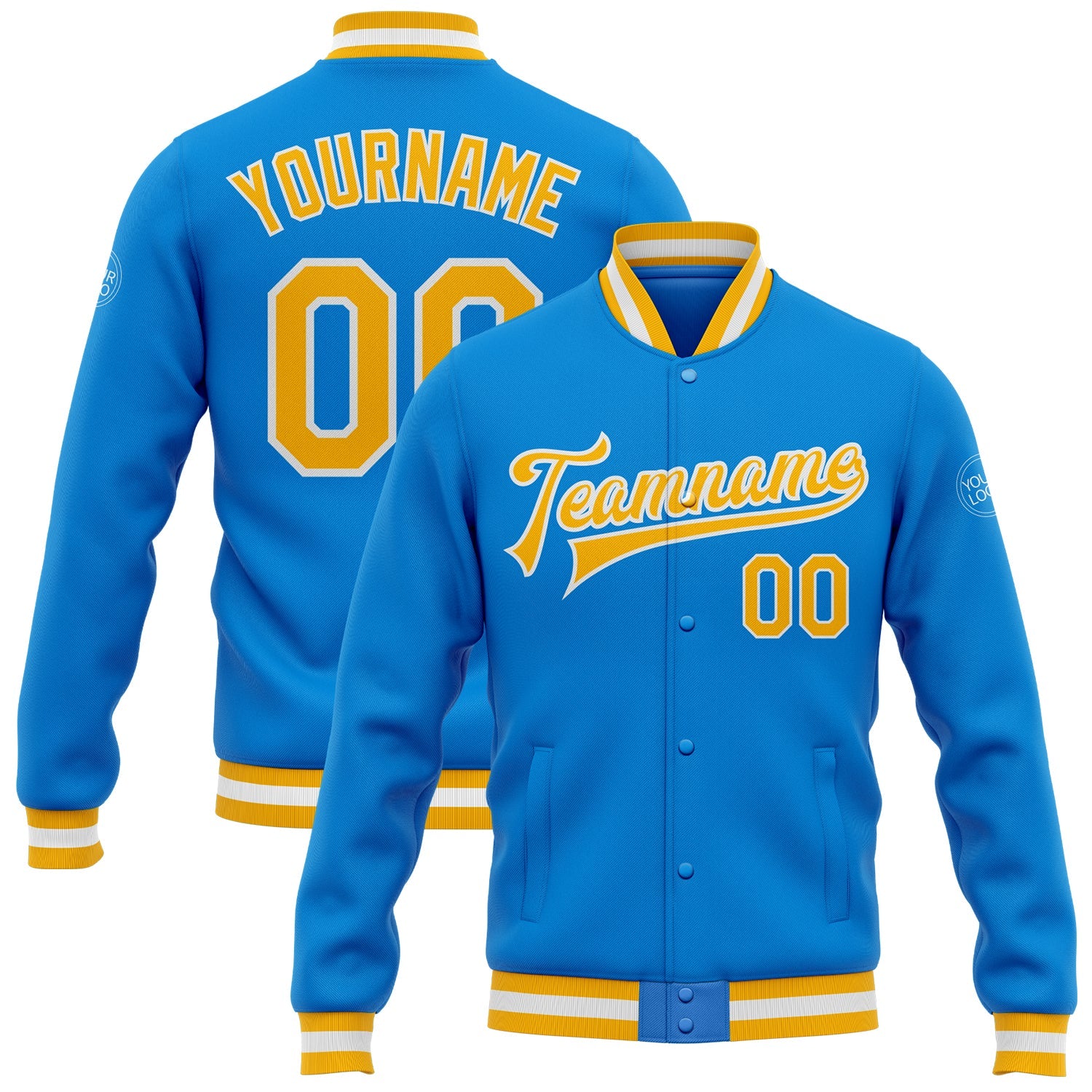 Custom Electric Blue Gold-White Bomber Full-Snap Varsity Letterman Jacket