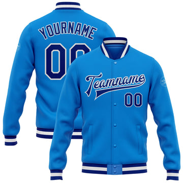 Custom Electric Blue Royal-White Bomber Full-Snap Varsity Letterman Jacket