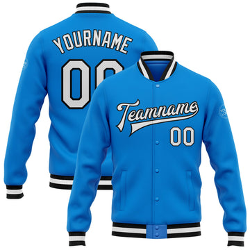 Custom Electric Blue White-Black Bomber Full-Snap Varsity Letterman Jacket