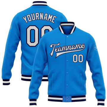 Custom Electric Blue White-Navy Bomber Full-Snap Varsity Letterman Jacket