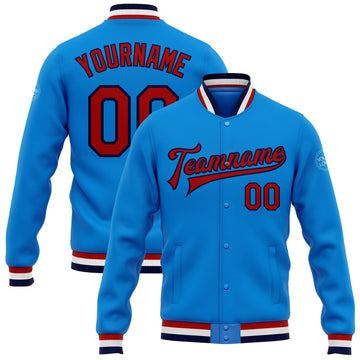 Custom Electric Blue Red-Navy Bomber Full-Snap Varsity Letterman Jacket