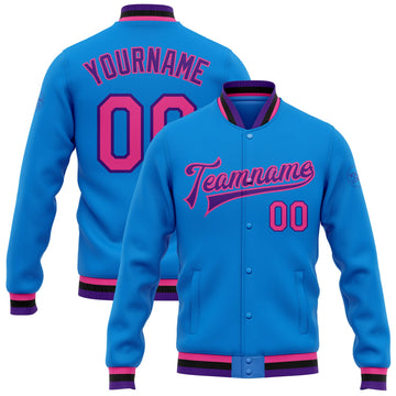 Custom Electric Blue Pink Purple-Black Bomber Full-Snap Varsity Letterman Jacket