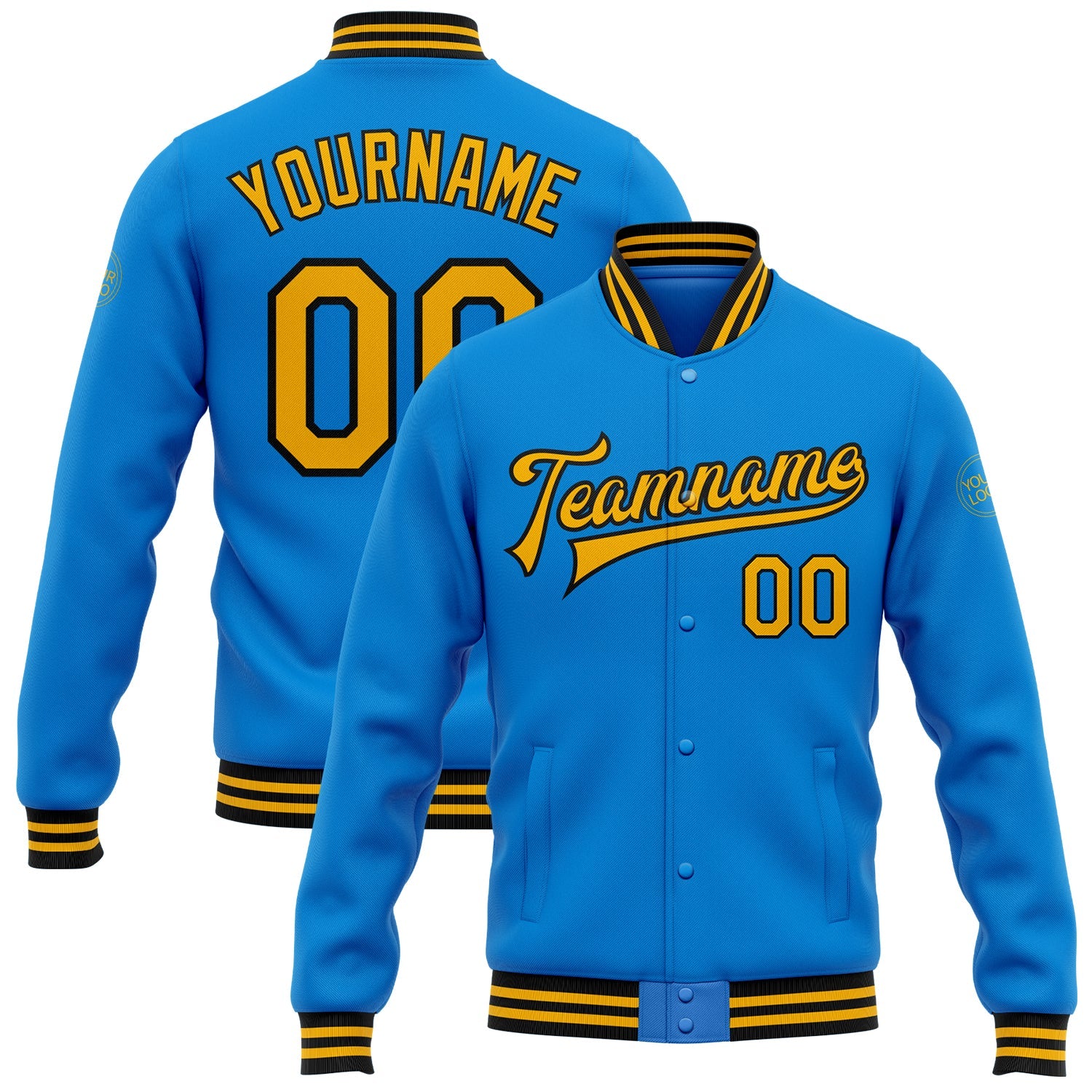 Custom Electric Blue Gold-Black Bomber Full-Snap Varsity Letterman Jacket