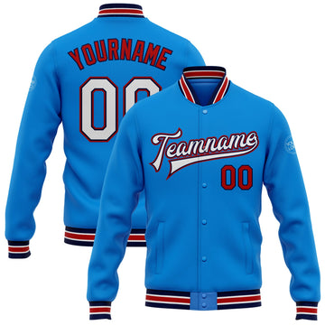 Custom Electric Blue White Navy-Red Bomber Full-Snap Varsity Letterman Jacket