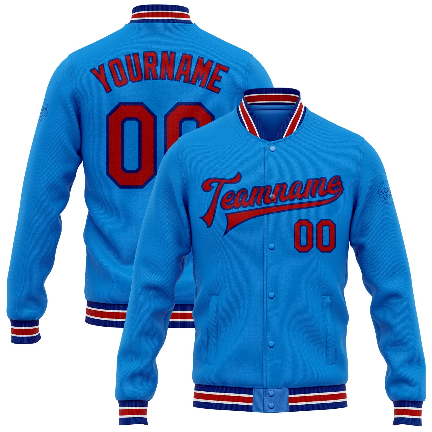 Custom Electric Blue Red-Royal Bomber Full-Snap Varsity Letterman Jacket