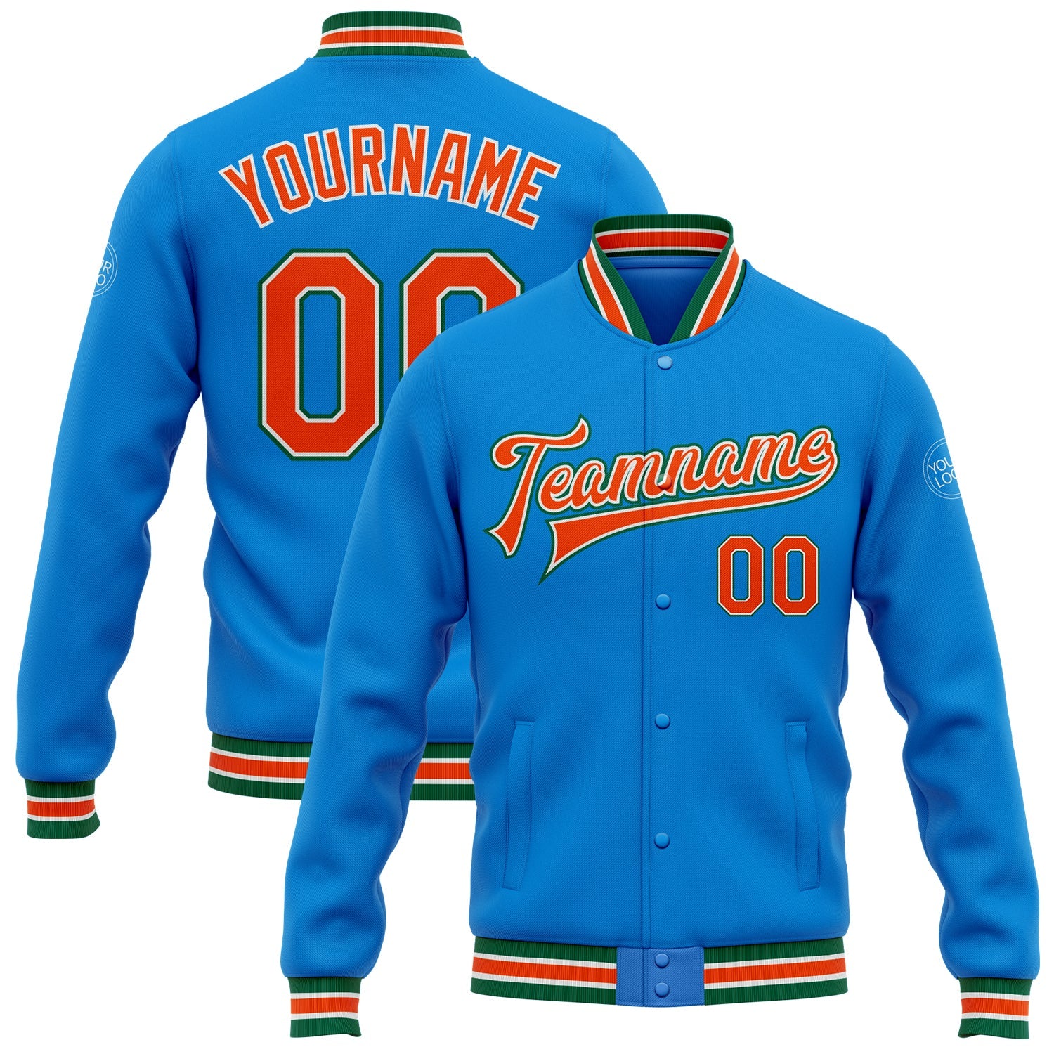 Custom Electric Blue Orange-Kelly Green Bomber Full-Snap Varsity Letterman Jacket