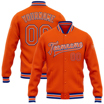 Custom Orange White-Royal Bomber Full-Snap Varsity Letterman Jacket