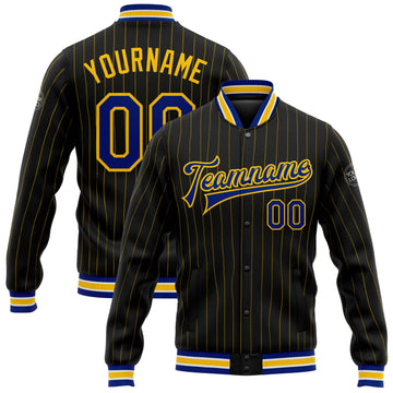 Custom Black Yellow Pinstripe Royal-White Bomber Full-Snap Varsity Letterman Jacket