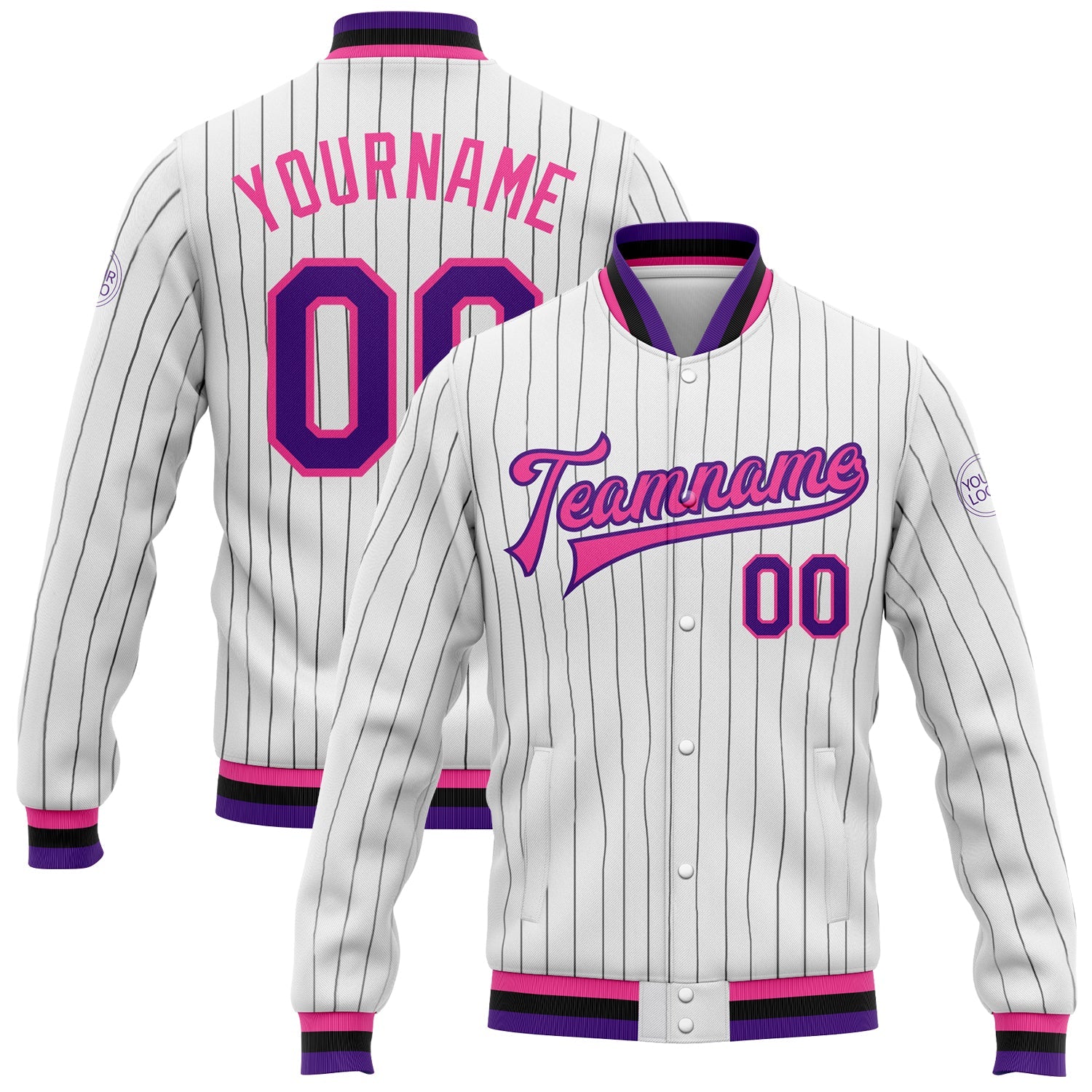 Custom White Black Pinstripe Purple-Pink Bomber Full-Snap Varsity Letterman Jacket