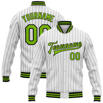 Custom White Black Pinstripe Neon Green Bomber Full-Snap Varsity Letterman Jacket