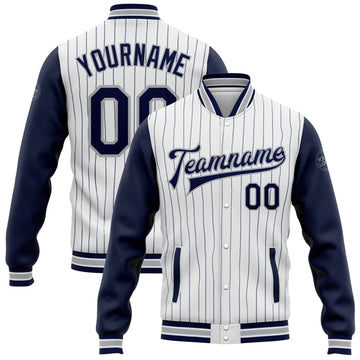 Custom White Navy Pinstripe Gray Bomber Full-Snap Varsity Letterman Two Tone Jacket