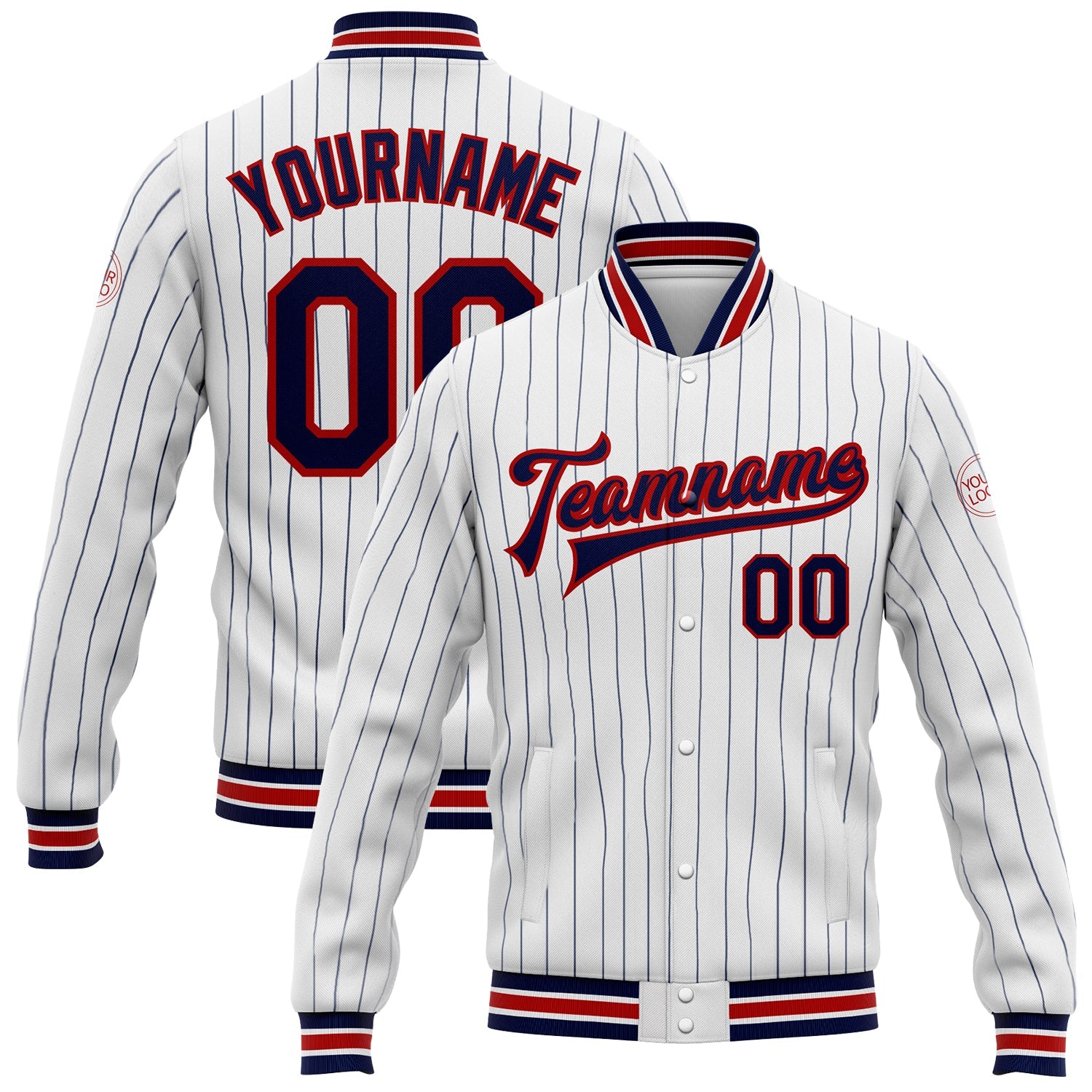 Custom White Navy Pinstripe Red Bomber Full-Snap Varsity Letterman Jacket