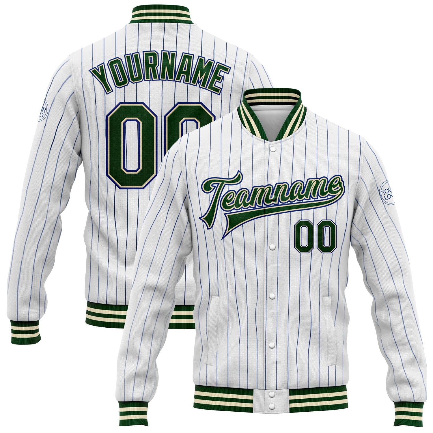 Custom White Royal Pinstripe Green-Cream Bomber Full-Snap Varsity Letterman Jacket