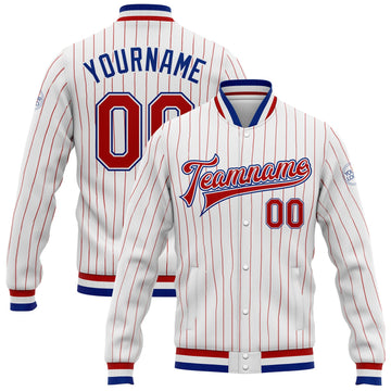 Custom White Red Pinstripe Royal Bomber Full-Snap Varsity Letterman Jacket