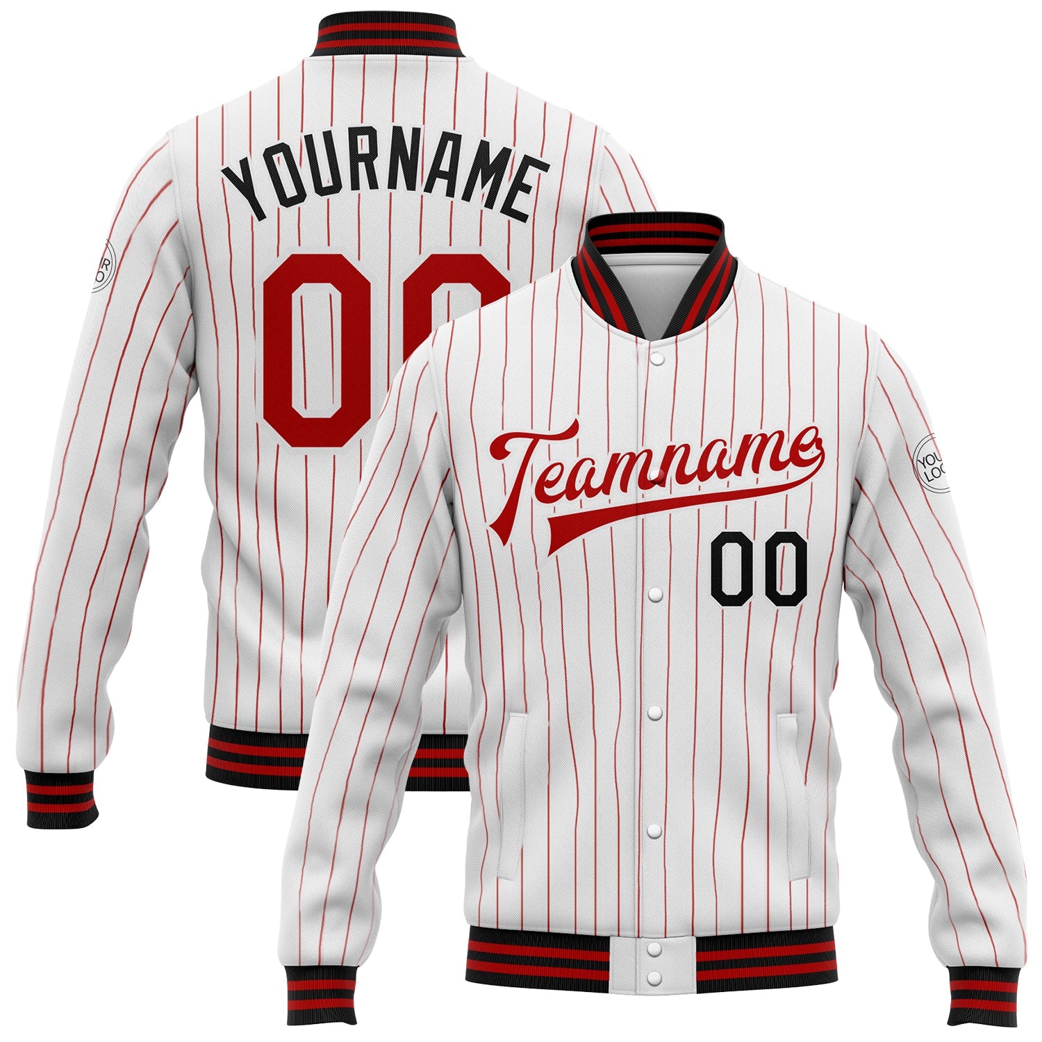 Custom White Red Pinstripe Black Bomber Full-Snap Varsity Letterman Jacket