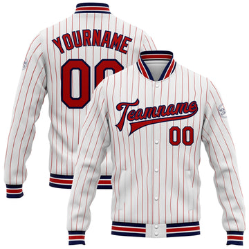 Custom White Red Pinstripe Navy Bomber Full-Snap Varsity Letterman Jacket