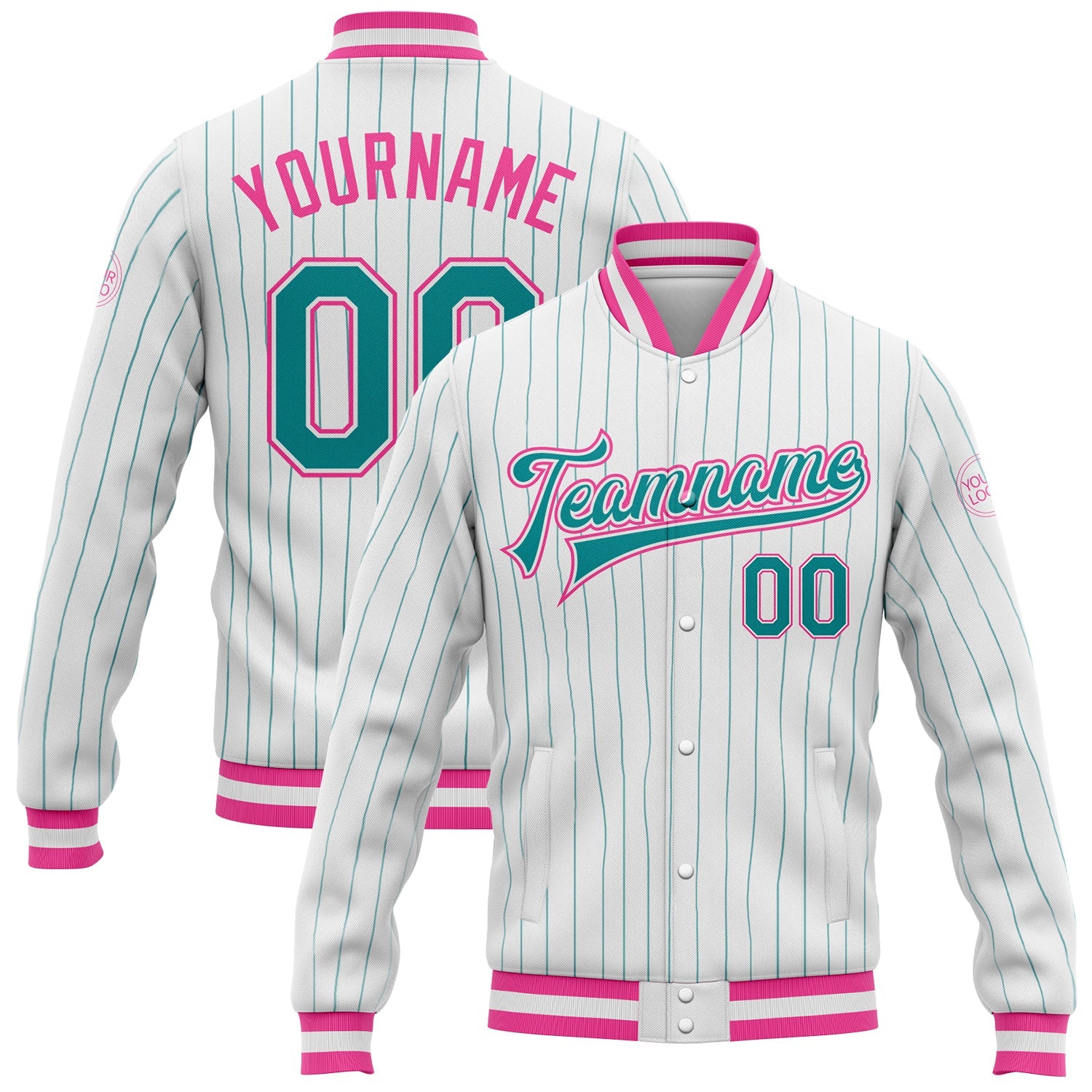 Custom White Teal Pinstripe Pink Bomber Full-Snap Varsity Letterman Jacket