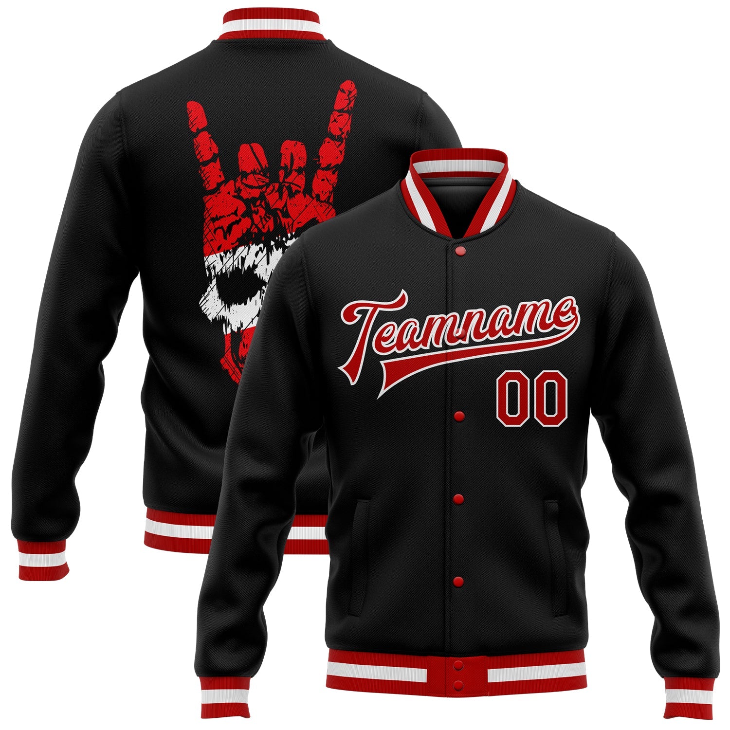 Custom Black Red-White Skull Fashion 3D Bomber Full-Snap Varsity Letterman Jacket