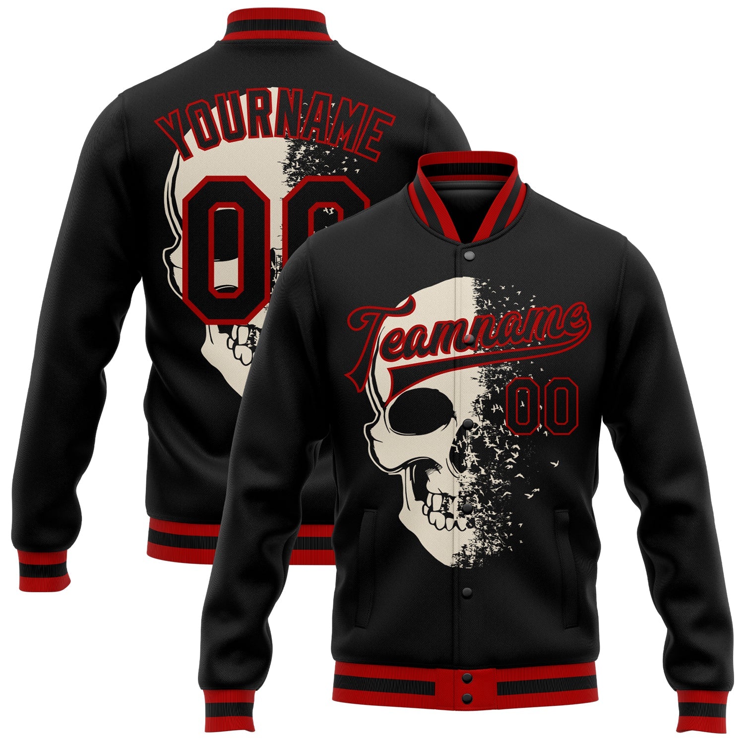 Custom Black Red Skull Fashion 3D Bomber Full-Snap Varsity Letterman Jacket