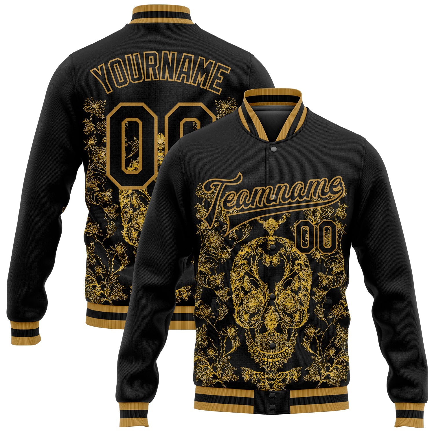 Custom Black Old Gold Skull Fashion 3D Bomber Full-Snap Varsity Letterman Jacket