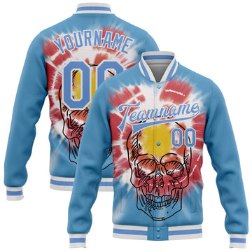 Custom Light Blue White Tie Dye Skull Fashion 3D Bomber Full-Snap Varsity Letterman Jacket