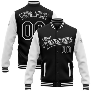 Custom Black White Bomber Full-Snap Varsity Letterman Two Tone Jacket