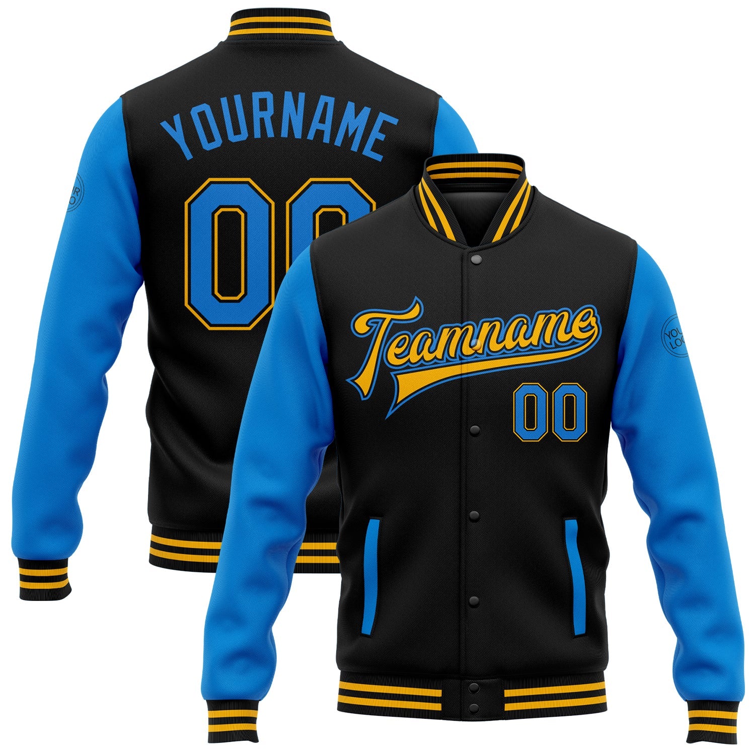 Custom Black Electric Blue-Gold Bomber Full-Snap Varsity Letterman Two Tone Jacket