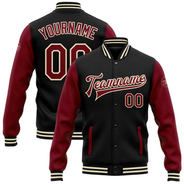 Custom Black Crimson-Cream Bomber Full-Snap Varsity Letterman Two Tone Jacket