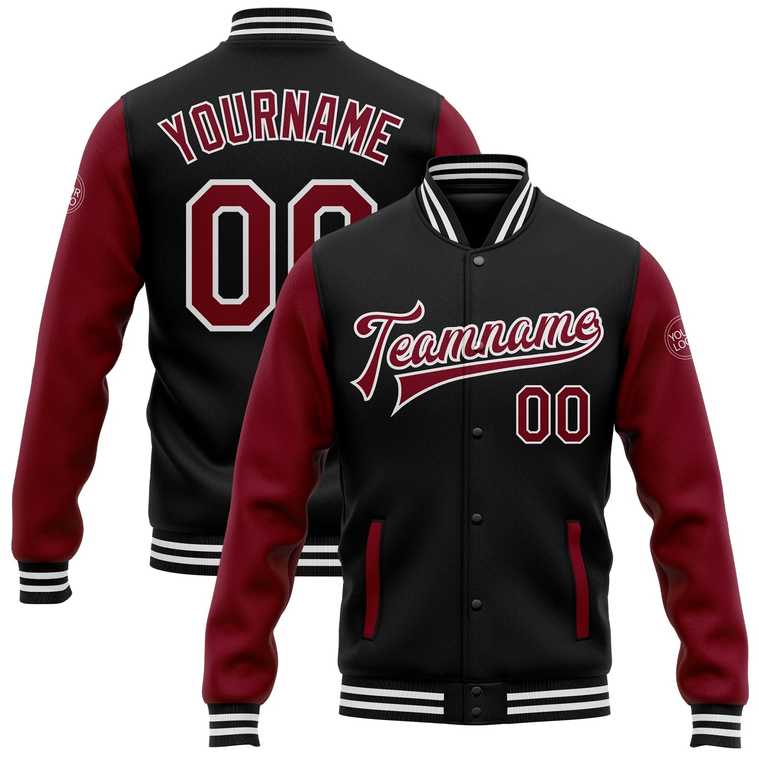 Custom Black Crimson-White Bomber Full-Snap Varsity Letterman Two Tone Jacket